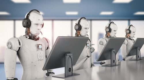 robot working with headset and monitor 3d rendering humanoid robot working with headset and monitor